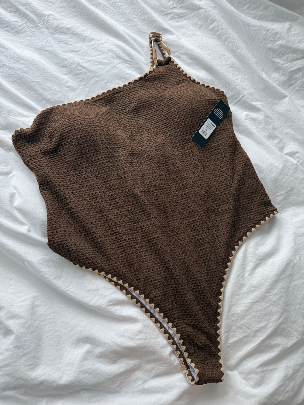 Brown Textured One-Piece Swimsuit with Cream Trim
